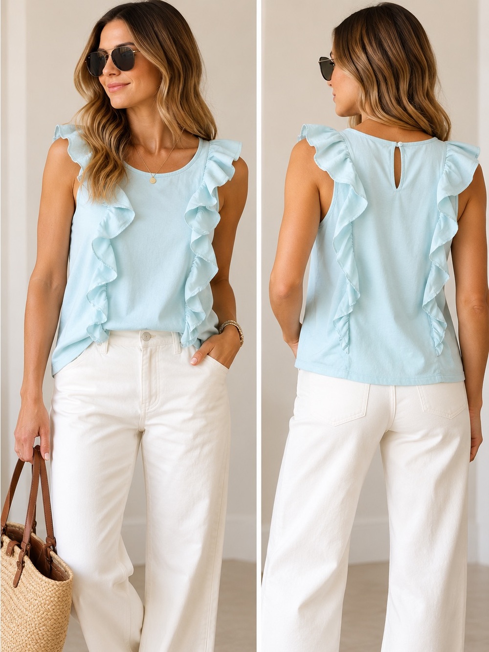 J. Crew Factory Light Blue Ruffle Preppy Costal Romantic Tank 100% Cotton Medium
